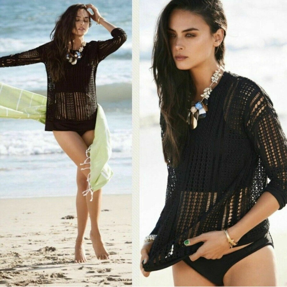 Fabletics Women's Sophie Tunic Top Black‎ Lace Crochet Inlet Cover Up Sz Medium